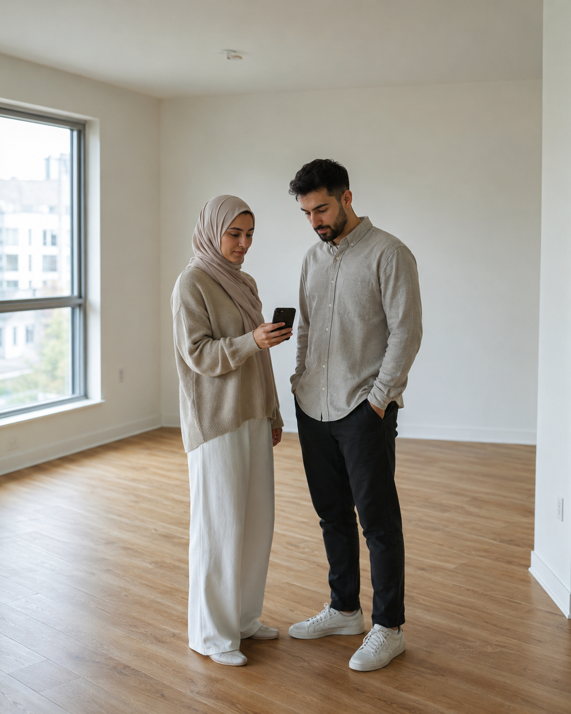 Ein Paar prüft seine geschätzte Monatsrate in der neuen Wohnung